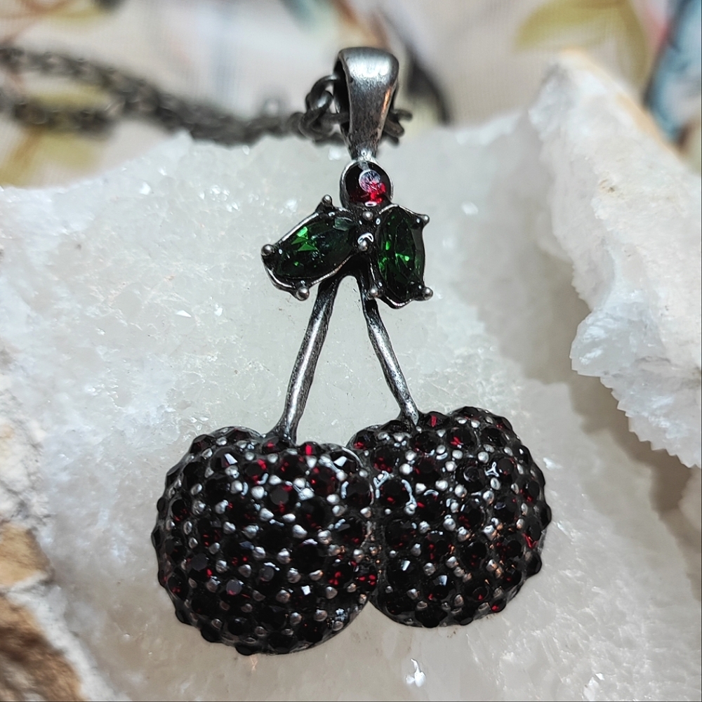 Garnet Swarovski Crystals Dual Cherries Cherry Rock-A-Billy Pewter Necklace NEW